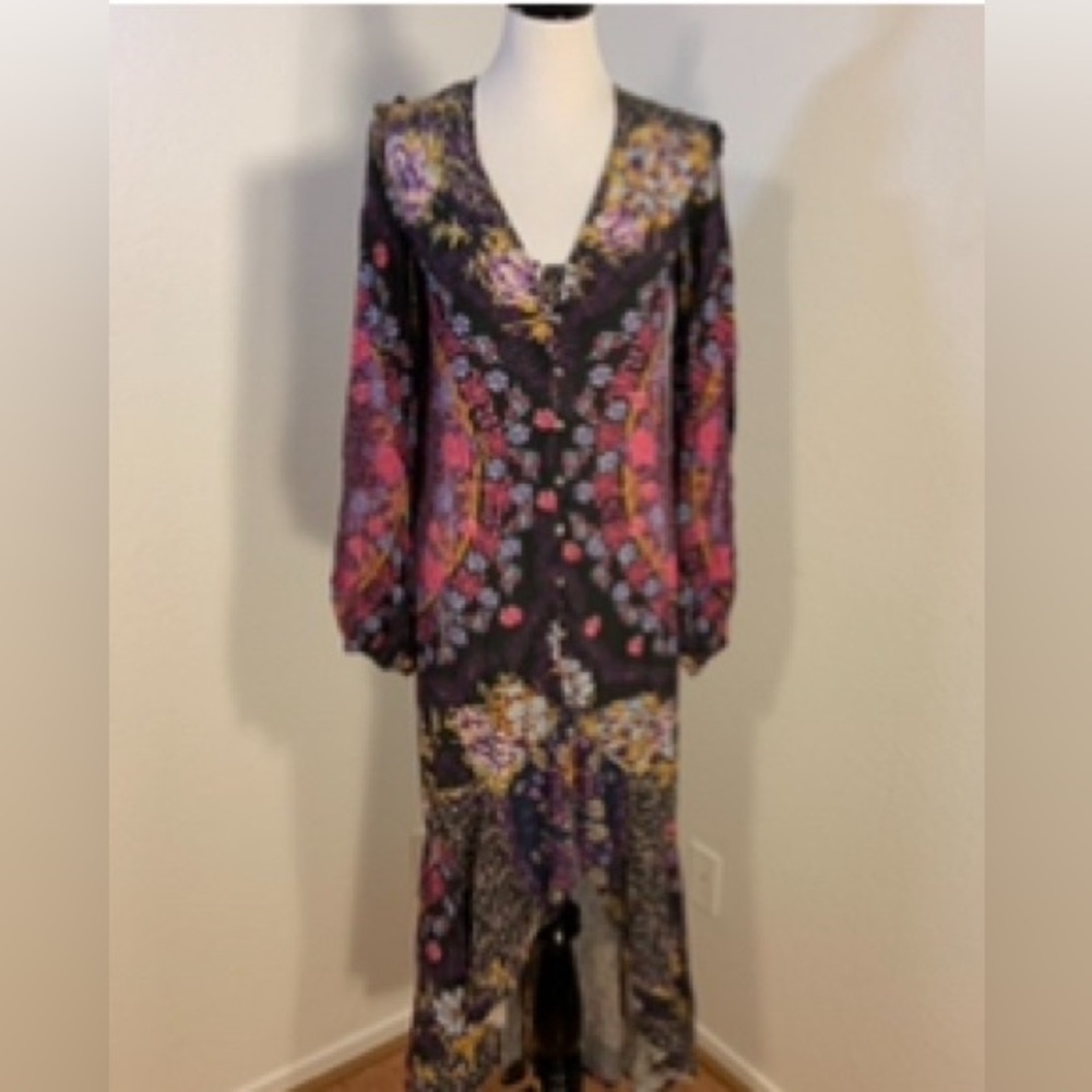 NWOT Free People Marais Printed Midi Dress Floral Hi Lo Black Purple Gold Pink - Picture 4 of 10